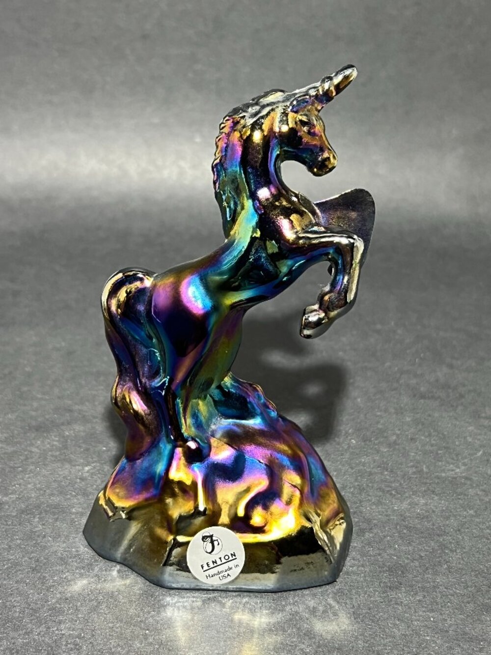 Vtg Fenton QVC Carnival Black Art Glass Unicorn Horse Figurine Iridescent 90s